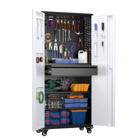 71 Inch High Metal Storage Cabinet On Wheels With 5 Pegboards And 1 Drawer, Lockable Steel Tool Cabinet For Garage, Warehouse, Assembly Required, Blac