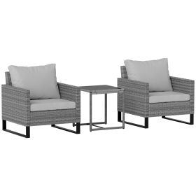 Patio Set, Wicker Bistro Set With Cushions, Rattan Chairs, Glass Coffee Table For Backyard, Porch, Balcony, Gray