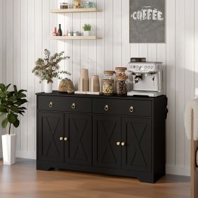 Kitchen Storage Sideboard, Farmhouse Buffet Cabinet With Barn Style Doors, Drawers, Adjustable Shelves, Black