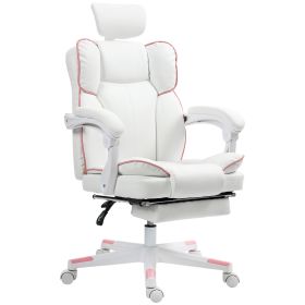 PU Leather Office Chair, Executive Desk Chair With Headrest, Foot Rest, Swivel Wheels, Reclining Computer Chair, White