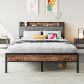 Full Size Bed Frame, Storage Headboard With Charging Station, Solid And Stable, Noise Free, No Box Spring Needed, Easy Assembly,Vintage Brown And Gray