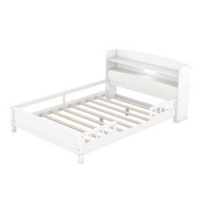 Wood Full Size Platform Bed With LED, Storage Headboard & Guardrail, White