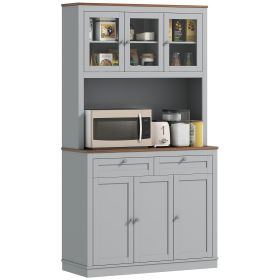 71 Kitchen Pantry Cabinet With Microwave Stand, Kitchen Hutch With 2 Drawers And Adjustable Shelves, Gray