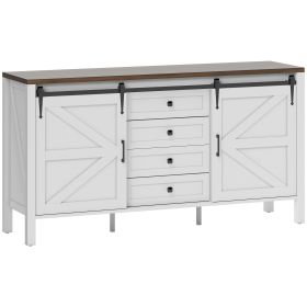 59 Buffet Cabinet, Farmhouse Sideboard With Thick Top, 2 Barn Doors, 4 Drawers And 2 Adjustable Shelves, White