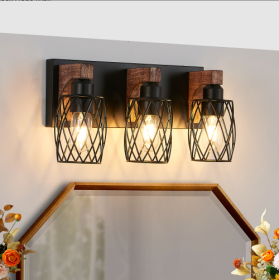 18 Industrial Vintage 3-Light Wall Sconce - Black Cage Wall Lighting Fixture With Wooden Accents For Bathroom, Hallway, Or Living Room Bulb Not Includ