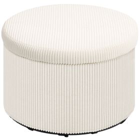 24 Inches Round Storage Ottoman Stool With Lid, Upholstered Corduroy Foot Rest For Living Room, Bedroom, Beige