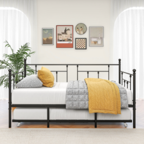 Twin Size Daybed Metal Frame With Trundle Set, Twin Day Bed Sofa, Daybed And Roll Sofa Bed For Guest Room, Bedroom, Living Room, Victorian Style, Blac