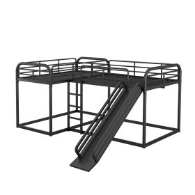 Full And Twin Size L-Shaped Bunk Bed With Slide And Short Ladder, Black