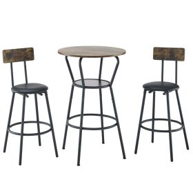 Round Bar Table And Stool Set With Shelf, Upholstered Stool With Backrest, Rustic Brown, 24.17 W X 2