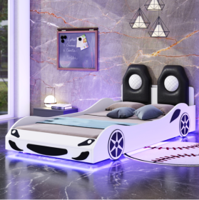 Wood Twin Size Race Car-Shaped Platform Bed With LED And Upholstered Backrest, White
