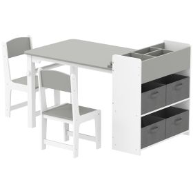 Desk And Chair Set With Paper Roll, Kids Activity Craft Table With Storage Shelves And Drawers, Gray