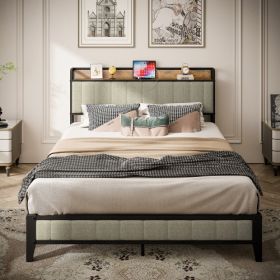 Full Size Bed Frame With Charging Station, Upholstered Headboard, Metal Platform, Grey