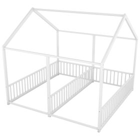 Metal Twin Size House Platform Beds, Two Shared Beds, White