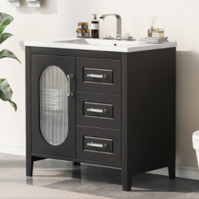 30 Bathroom Vanity With Sink, Bathroom Vanity Cabinet With Two Drawers And Door, Adjustable Shelf, Solid Wood And MDF, Bla