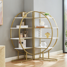 4 Tiers Home Office Open Bookshelf, Round Shape, Different Placement Ways, MDF Board, Gold Metal Frame, Golden