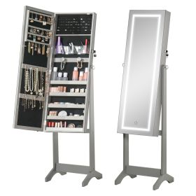 HOMCOM Lockable Jewelry Cabinet with Full-Length Mirror Floor Standing Organizer 4 Adjustable Angles Grey