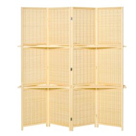 HOMCOM 4-Panel Bamboo Room Divider Screen, 6ft Folding Wall Divider Room Partition with 2 Display Shelves for Bedroom & Office, Natural Wood