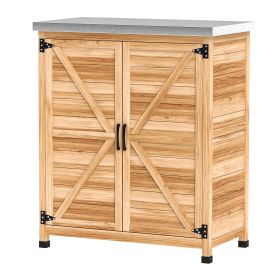Outsunny Wooden Storage Cabinet, Outdoor Prep Table with Metal Tabletop, Shelf and Double Doors for Patio, Garden, Natural Wood