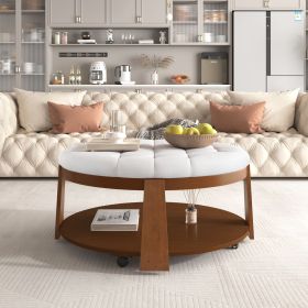 Modern Large Round Ottoman Coffee Table 2-Tier Oversized Button Tufted Ottoman with Wood Shelf Storage Upholstered Coffee Table for Living Room F