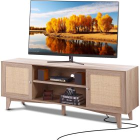 VEVOR Rattan TV Stand, Mid Century Modern TV Stand for 75 inch TV, Boho Rattan TV Cabinet with Build-in Socket and USB Ports