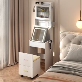 Small Vanity Desk with Mirror and LED Lights, Makeup Table with Charging Station and Storage Shelves for Small Space