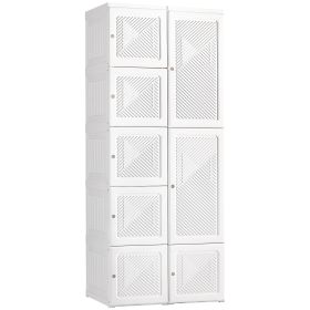 HOMCOM Portable Wardrobe Closet, Folding Bedroom Armoire, Clothes Storage Organizer with 8 Cube Compartments, Hanging Rod, Magnet Doors, White