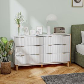 6 Drawer Double Dresser For Bedroom, Fluted Chest Of Drawers With Gold Finger Pulls And 5 Wood Legs, White