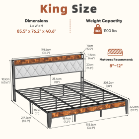 Soft-padded Headboard With Storage, Charging Port, Iron Frame Bed (Option: King)