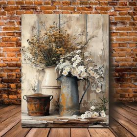 1 Piece Framed Wooden Canvas Painting, Rustic Wood Frame Canvas Art - Cream Yellow Wood Grain With White Jasmine Flowers With Rust Colored Watering Ca (Option: 24X18inch)