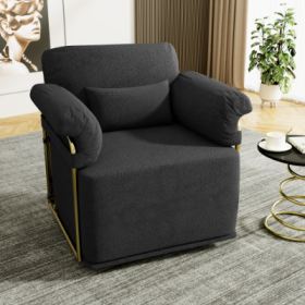 360 Degree Square Swivel Accent Sofa Chair,Fluffy Fabric Lounge Wide Upholstered Reading Chair With Gold Metal Legs, Comfortable Armchair For Living R (Color: Black)