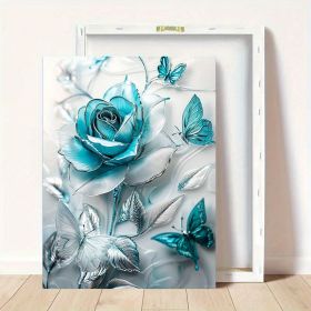 Elegant Turquoise Blue Crystal Rose & Teal Butterflies Canvas Wall Art With Wooden Frame - Classic Decorative Poster For Living Room, Bedroom, Home Of (Option: 32X16inch)