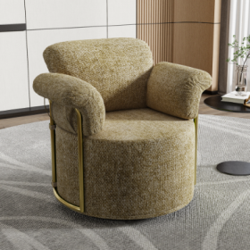 360 Degree Barrel Swivel Accent Sofa Chair,Fluffy Fabric Lounge Wide Upholstered Reading Chair With Gold Metal Legs, Comfortable Round Armchair For Li (Color: Brown)
