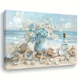 1 Piece Framed Wooden Canvas Painting, One Piece Blue Vase Floral Canvas Print, Wooden Frame Wall Art, Shell And Ocean Theme, Home And Office Decor, S (Option: 12X18inch)