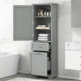 Tall Bathroom Storage Cabinet, Freestanding Storage Cabinet With Two Different Size Drawers And Adjustable Shelf, MDF Board With Painted Finish, Grey (Color: Grey)