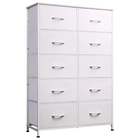 Bedside Table For Bedroom With 10 Fabric Drawers Storage Cabinet Steel Frame Closet For Clothes Storage Display Cabinet (Color: White)
