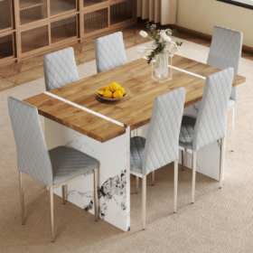 Table And Chair Set.Natural Wood Grain MDF Dining Table  55x31.5 Inch.Paired With 6 Modern Style Dining Chairs In Light Gray, Essential For Minimalist (Option: Light Gra)