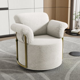 360 Degree Barrel Swivel Accent Sofa Chair,Fluffy Fabric Lounge Wide Upholstered Reading Chair With Gold Metal Legs, Comfortable Round Armchair For Li (Color: Beige)