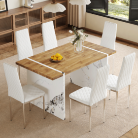 Table And Chair Set.Natural Wood Grain MDF Dining Table  55x31.5 Inch.Paired With 6 Modern Style Dining Chairs In Light Gray, Essential For Minimalist (Option: WhiteSilver)