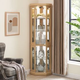 Corner Glass Cabinet Lighted Curio Cabinet Corner Display Case For Living Room, Curio Cabinet, Antique Collection, Wine,Bar Glass Storage Light Includ (Option: Light Oak)
