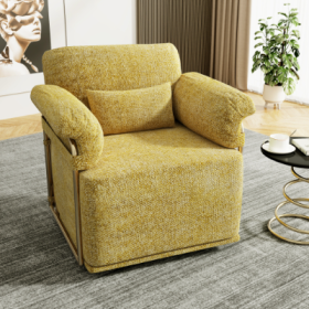 360 Degree Square Swivel Accent Sofa Chair,Fluffy Fabric Lounge Wide Upholstered Reading Chair With Gold Metal Legs, Comfortable Armchair For Living R (Color: Yellow)