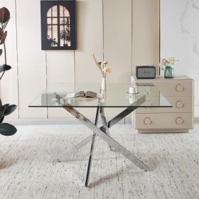 Golden Dining Table With Cross Metal Leg And Glass,Modern Space Saving Kitchen Table For Living Room,120x120x75cm Square Glass (Option: Chrome)