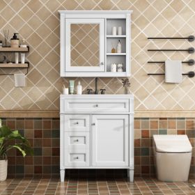 30'' Bathroom Vanity With Top Sink, Modern Bathroom Storage Cabinet With 2 Drawers And A Tip-out Drawer, Freestanding Vanity Set With Mirror Cabinet, (Color: White)