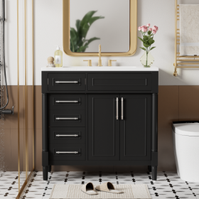 36'' Bathroom Vanity With Top Resin Sink, Freestanding Bathroom Storage Cabinet With 2 Drawers And A Tip-out Drawer, Solid Wood Frame Vanity Set, Heig (Color: Black)